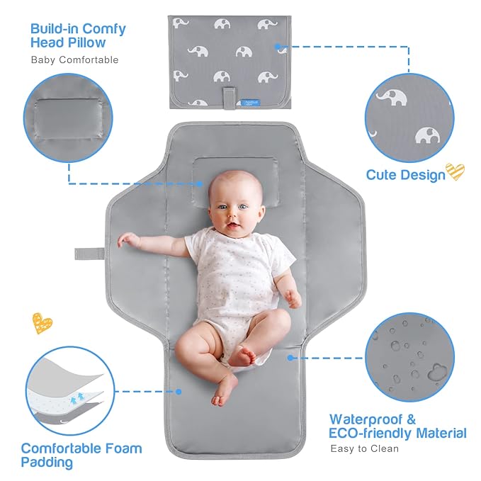 Portable Changing Pad with Built-in Pillow — Foldable Travel Diaper Changing Mat, One-Hand Open Waterproof Changing Station for On-the-Go Moms, Fits Diaper Bag (Cute Elephant)