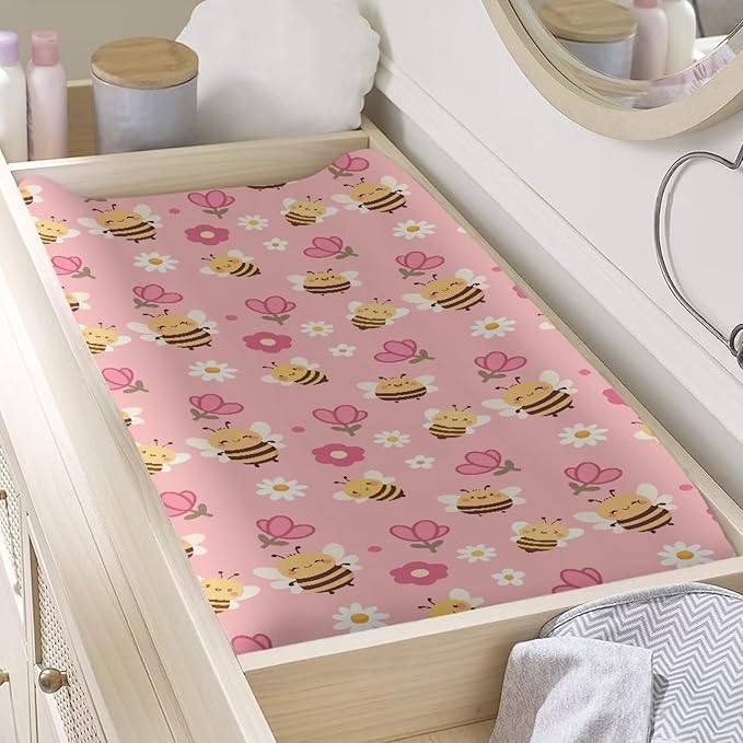 Cute Bee Changing Pad Cover for Baby Pink Comfy Diaper Pad Covers for Changing Table 16x32 Inch Washable Cradle Mattress Sheets Gift for Holiday