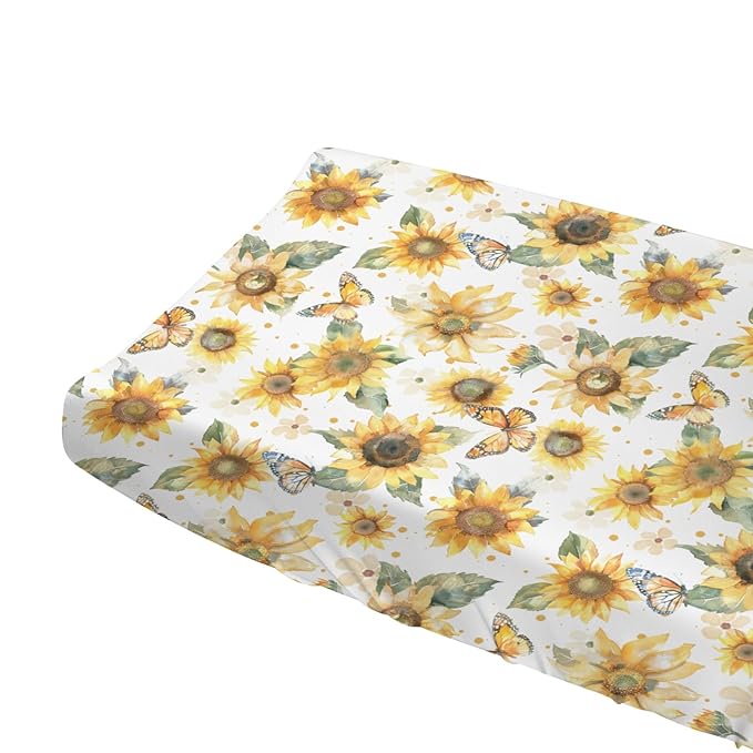 Watercolor Sunflowers Butterflies Baby Changing Pad Cover for Girl Boy Yellow Sunflower Nursery Diaper Changing Pad Sheets Boho Floral Soft Breathable Stretchy Fitted Change Table Mats 32''x16''