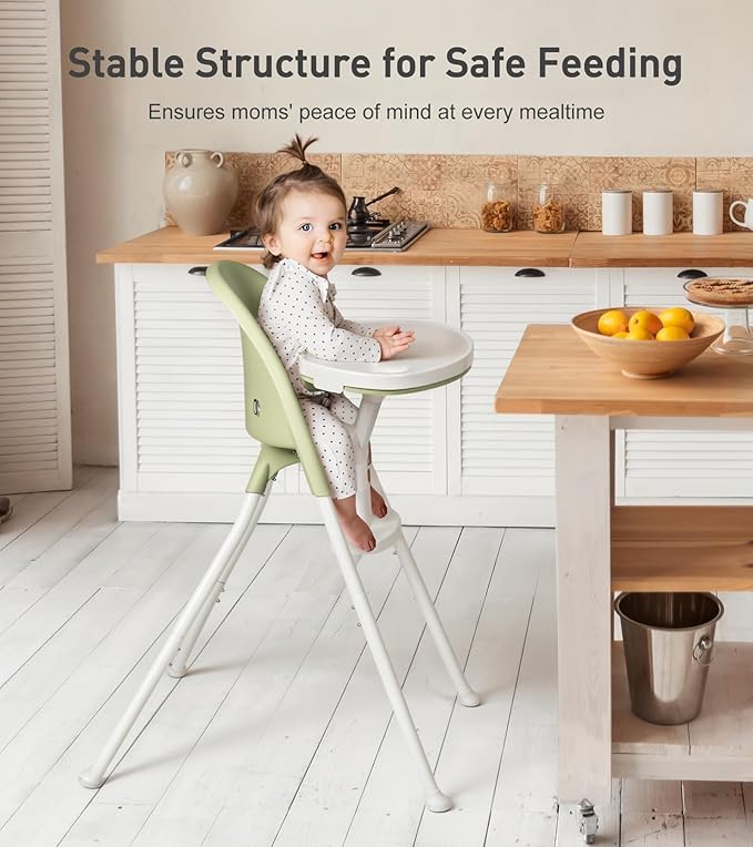Mallify Foldable High Chair, Space-Saving Portable Baby High Chair with Removable Double Tray, Modern Convertible Baby Feeding Chair, Lightweight, Easy to Clean, Green