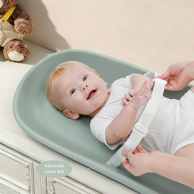Baby Changing Pad Waterproof in EVA Foam, Baby Changing Mat Wipeable Baby Changing Table Pad, Adjustable Safety Belt & Non-Slip Base, for Diaper Changes & Massage, Fits Dresser/Changing Table - Sage