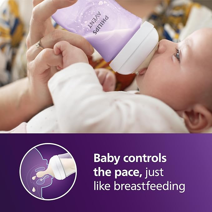 Philips Avent Natural Baby Bottles with Natural Response Nipples (Medium Flow, Flow 3), 9oz, Purple, 4-Pack, SCY903/34