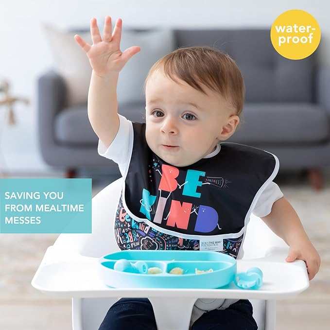 Bumkins Bibs for Girl or Boy, SuperBib Baby and Toddler for 6-24 Months, Essential Must Have for Eating, Feeding, Baby Led Weaning Supplies, Mess Saving Catch Food, Fabric 3-pk Be Kind