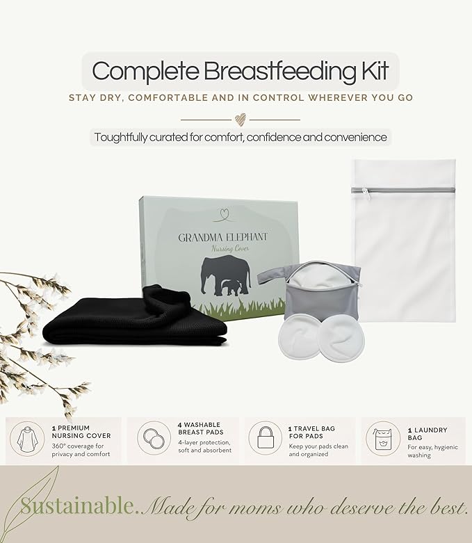Set Premium Breast Feeding Covers for Women of All Body Types: Ultra Soft Stylish and Breathable Nursing Cover up for Breastfeeding + 4 Reusable Breast Pads for Nursing Comfort (Deep Onyx)