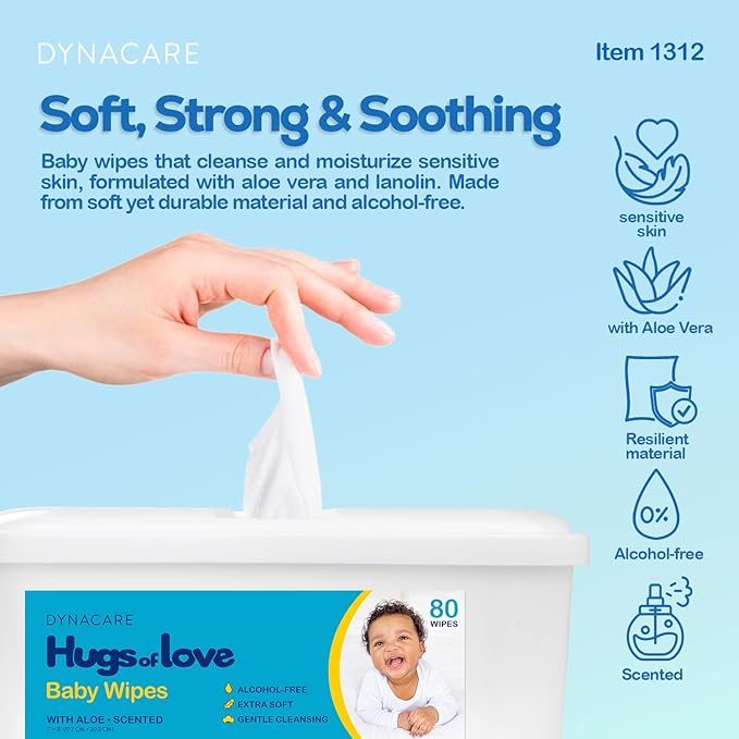 Dynarex DynaCare Hugs of Love Baby Wipes - Scented - Large - Alcohol-Free Wipes with Aloe & Lanolin, Safe for Sensitive Skin - 80 Wipes per Tub