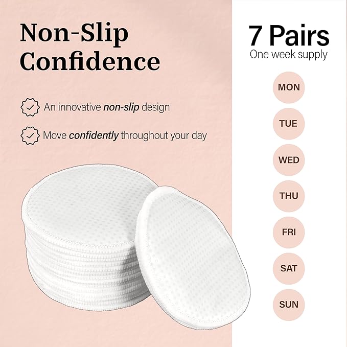 Reusable Non-Slip Nursing Pads, 14 Washable Organic Cotton Breast Pads, Ultra Absorbent & Leakproof, Soft, Thin & Discreet, Comfortable for Sensitive Skin, Postpartum Essential