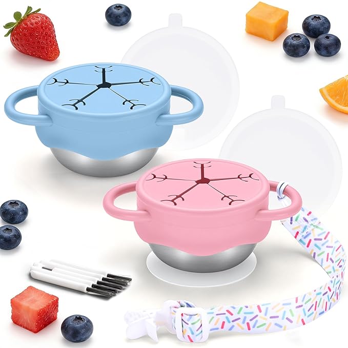 Qtencas 2 Pack Stainless Steel Snack Containers for Toddlers with Spill-Proof Silicone Lids and Handles, Food Grade Snack Cups for Toddlers Kid（Pink and Blue）