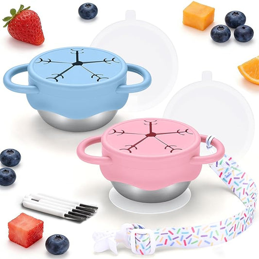 Qtencas 2 Pack Stainless Steel Snack Containers for Toddlers with Spill-Proof Silicone Lids and Handles, Food Grade Snack Cups for Toddlers Kid（Pink and Blue）