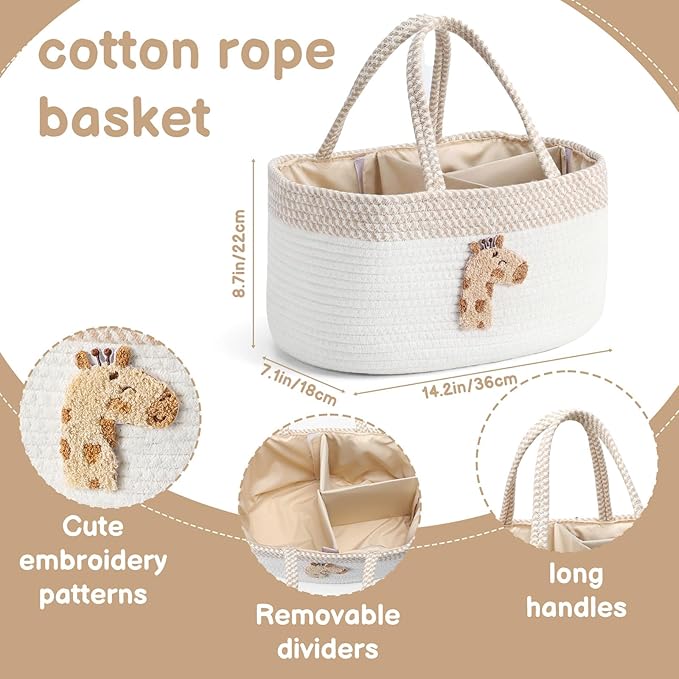 Diaper Caddy Organizer Cotton Rope Diaper Caddy Basket Cute Giraffe Empty Gift Basket Nursery Storage Bin and Car Organizer with Removable Divider Baby Shower Gifts Newborn Essentials