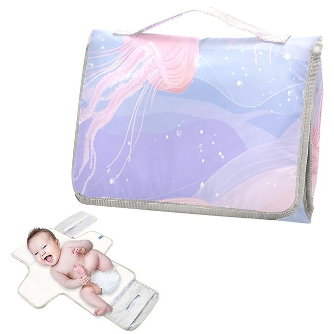 Portable Diaper Changing Pad Travel Baby Changing Mat Waterproof Diaper Changing Mat Foldable Lightweight Baby Changer with Built-in Pillow Cartoon Jellyfishes Bubbles Pastel Ocean Jellyfish