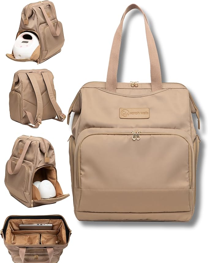 Sarah Wells Norah Breast Pump Backpack for Work & Travel – Insulated Milk Storage, Laptop Sleeve, Stylish Diaper Bag Alternative with Wide-Open Frame – Hands-Free Pumping Bag (Latte)