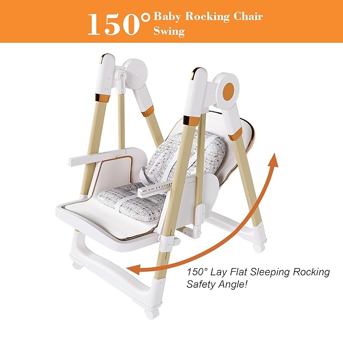 Convertible Baby High Chair to Rocker with 5-Point Harness, Foldable Infant Feeding Chair with Silent Locking Wheels & Removable 2-Tier Easy-Clean Tray (White)