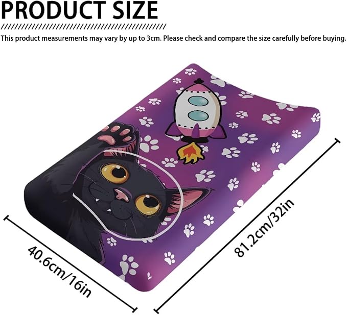 Black Cat Astronaut Changing Pad Covers Waterproof Baby Diaper Change Table Covers, Decorative Covers for Change Contoured Pad Nursing Room Decor