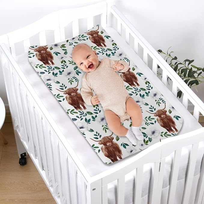 Highland Cows Floral Changing Pad Covers Highland Yak Flowers Leaves Diaper Change Table Pad Covers for Baby Girls and Boys Soft Breathable Stretch Changing Table Cover 32''x16'' Poppy