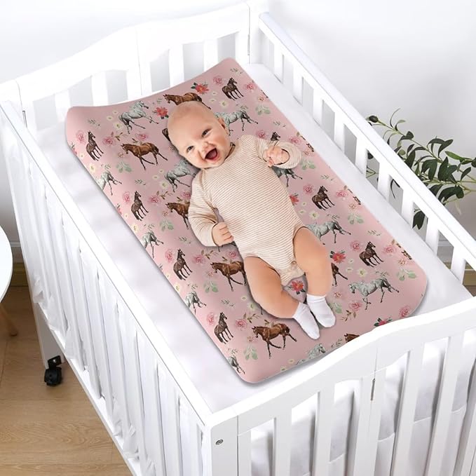 Horse Changing Pad Cover for Baby Pink Comfy Diaper Pad Covers for Changing Table 16x32 Inch Washable Cradle Mattress Sheets Gift for Holiday