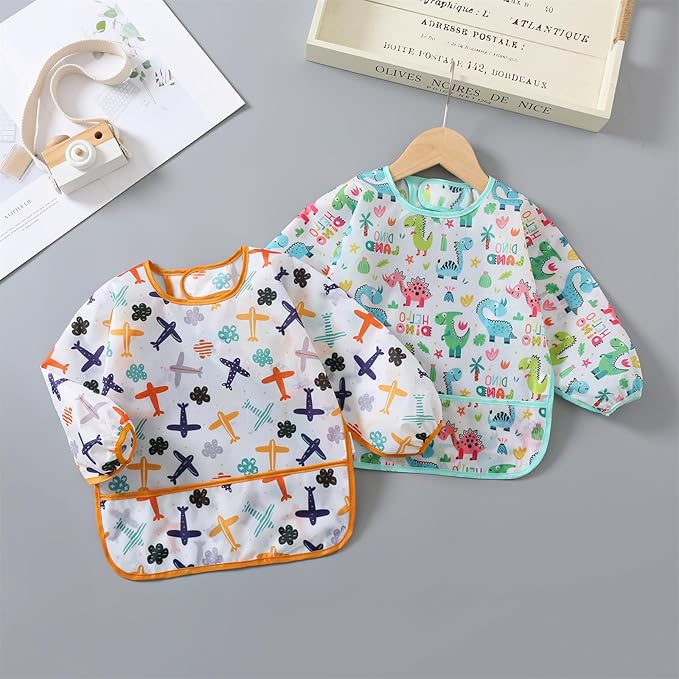 3 Pcs Waterproof Long Sleeves Baby Bibs Weaning Smock Bib 3-24 Months