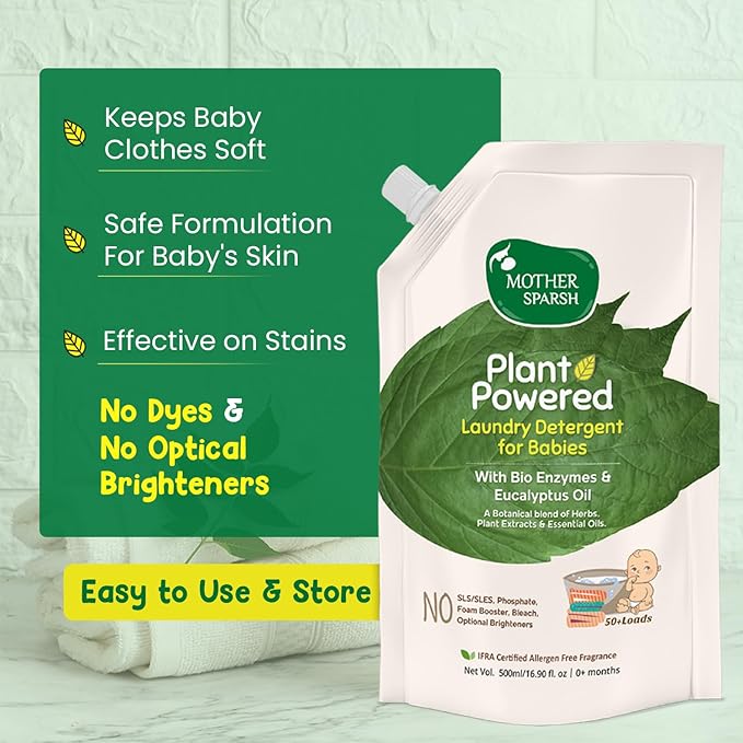 Mother Sparsh Baby Laundry Liquid Detergent (Powered by Plants) with Bio - Enzymes and Eucalyptus Oil, Refill Pack (500ml X 3)