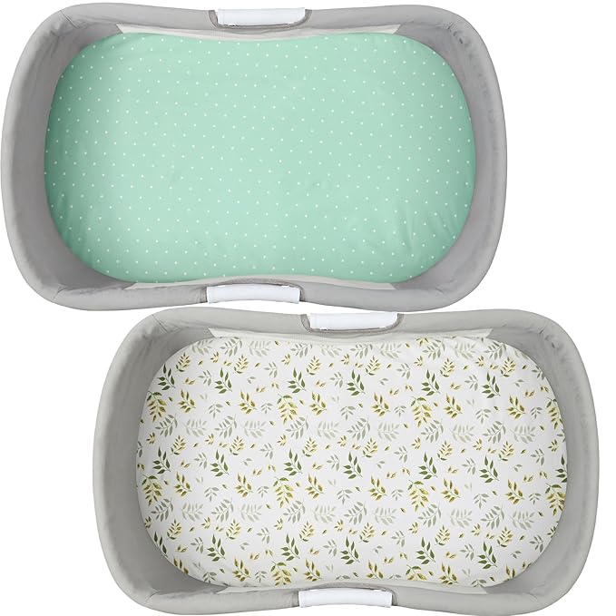 Waterproof Bassinet Sheets, No Need for Bassinet Mattress Pad Cover, 2 Pack Stretch Jersey Knit Super Soft fit for Cradle Oval Rectangle Hourglass Mattress Green Botanical Leaf & Dots