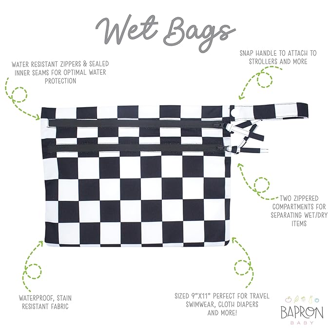 BapronBaby Black Checkerboard Wet Dry Bag - Waterproof Two Zipper Pockets - Reusable for Mealtime, Diapers, Stroller, Snacks, Swimsuits - Machine Washable - 11" x 9"