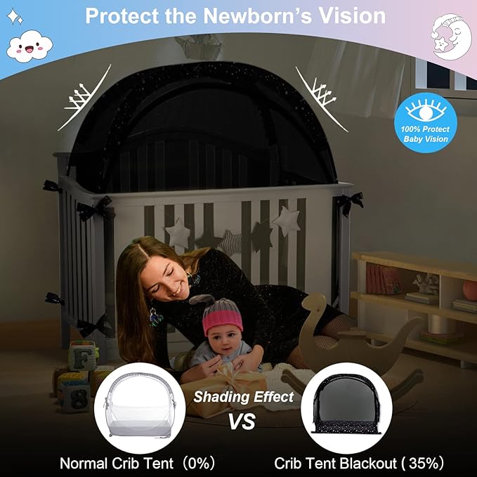 Crib Tent Safety Crib Net to Keep Baby in, Black Pop up Cribs Cover to Keep Baby from Climbing Out, Breathable Mesh Blackout Mosquito Net for Toddler Bed