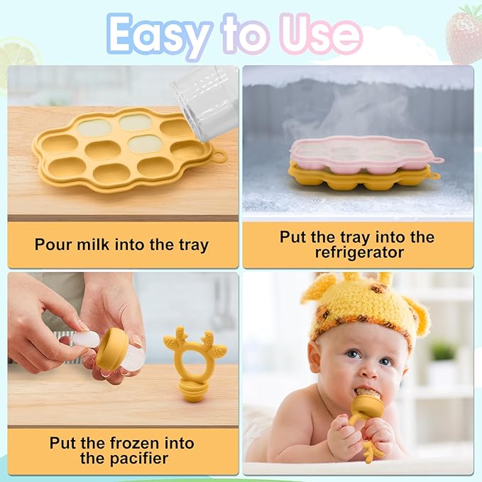 Baby Fruit Feeder and Breastmilk Popsicle Molds for Teething Relief, BPA Free Silicone Baby Food Teether Feeder Pacifier & Mini Freezer Tray with lid Teething Toys (2 Pack)