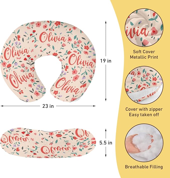 Customizable Flowers Baby Nursing Pillow Cover - Add Your Baby's Name, Ultra-Soft Stretch Fabric, Fits Standard Nursing Pillows, Ideal for Baby Showers Style 26