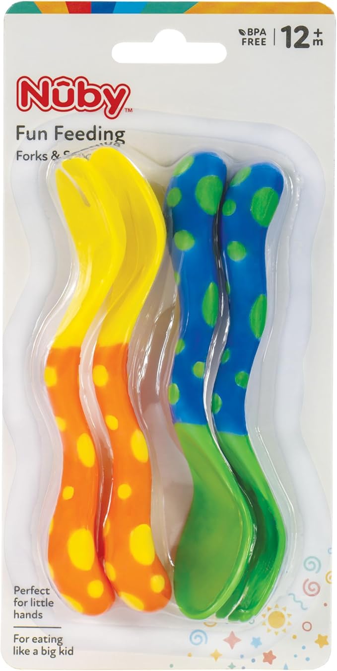 Nuby Toddler Spoons and Forks Set for Self-Feeding - 4 Pack - Toddler Utensils with Easy Grip Handles for Kids - Dishwasher Safe - 12+ Months - Yellow/Orange & Blue/Green