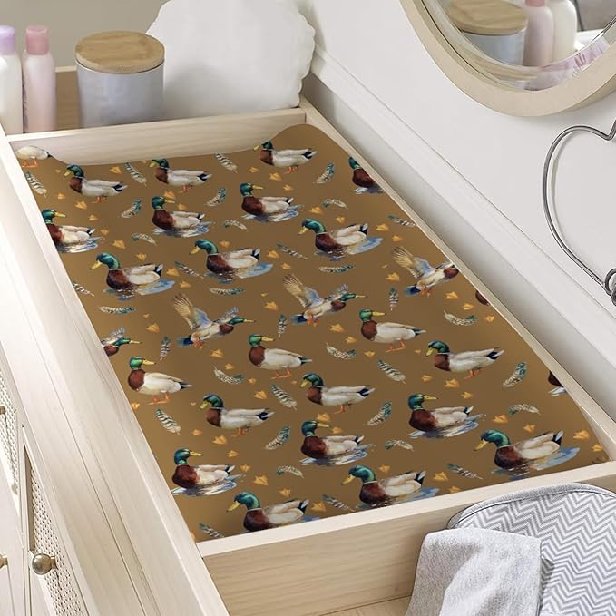 Vintage Duck Hunting Baby Changing Pad Cover for Boy Girl 32''x16'' Mallard Ducks Feathers Fitted Diaper Changing Table Sheets Wild Bird Animal Comfort Soft Breathable Baby Changing Table Mats