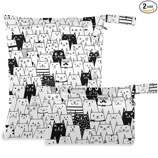 visesunny Funny Black and White Cat Animal 2Pcs Wet Bag with Zippered Pockets Washable Reusable Roomy Diaper Bag for Travel,Beach,Daycare,Stroller,Diapers,Dirty Gym Clothes,Wet Swimsuits,Toiletries