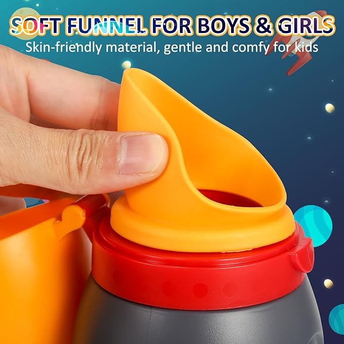 ONEDONE Portable Urinal for Kids Rocket Pee Bottle for Kids Emergency Toilet Urinal for Toddlers Boys Girls 12.5 OZ Small Pee Cup for Kids Camping Car Travel Potty Training Baby Urinal Orange
