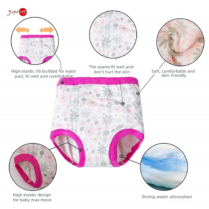 Joyo roy 4Pcs Potty Training Underwear for Girls 100% Cotton Soft Super Absorption Padded Thickness Toilet Training Pants Waterproof Toddler Underwear Girls 2T Pee Pants with Potty Sticker Chart
