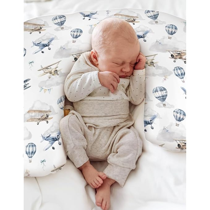 Vintage Planes Airplanes Helicopters Nursing Pillow Covers for Boy Girl Hot Air Balloon Plane Clouds Sky Nursing Pillow Slipcovers for Breastfeeding Pillows Soft Removable Covers for Newborn Infant