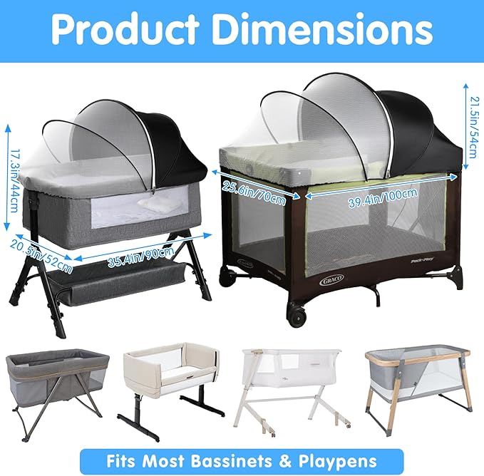 Bassinet Mosquito Net Cover - Half-Blackout Mosquito Net for Baby Crib & Bedside Sleeper, Breathable Crib net with 2-Way Zipper, Sun-Blocking Baby Mosquito Net Cover (Black-Small)