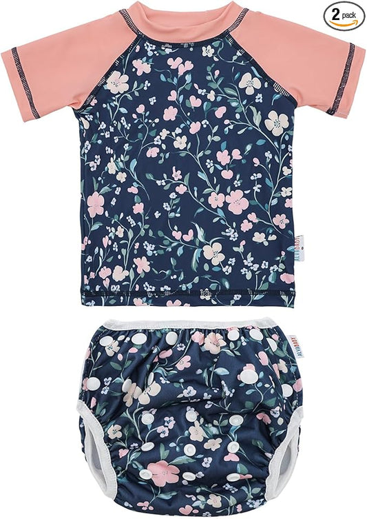ALVABABY Baby Girl Swimsuit, 2-Piece Infant Toddler Bathing Short Sleeve Swimwear, Large Baby Reusable Swim Diaper with Matching Top