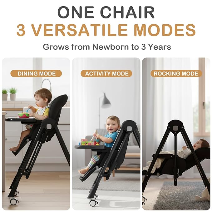 3-in-1 High Chairs for Babies and Toddlers, Foldable Baby High Chair with Rocking Mode, 5 Height Levels, Adjustable Backrest & Footrest, Lockable Wheels (Black)