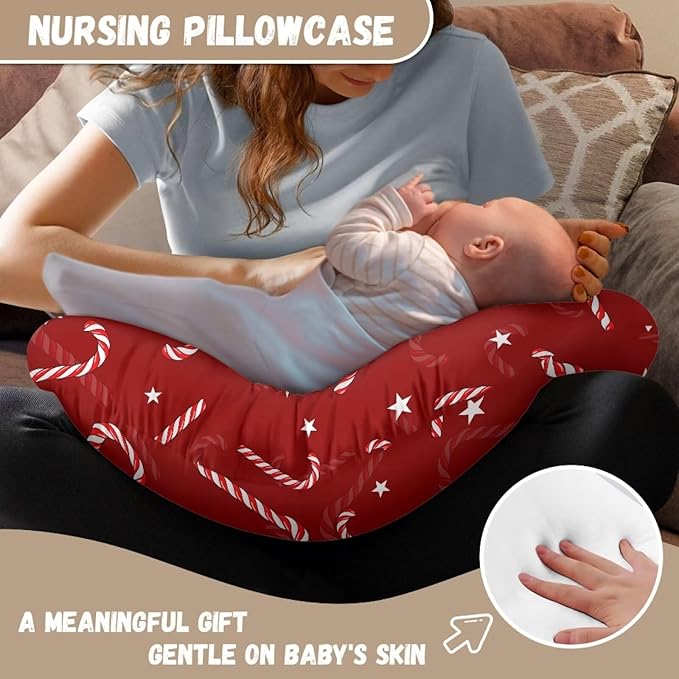 Red Christmas Cane Nursing Pillow Cover for Baby Boy Girl Breastfeeding Slipcover Infant Newborn Nursery Bottle Pillowcase Stretchy Replaceable Pillow Cover Slipcover Xmas Decor