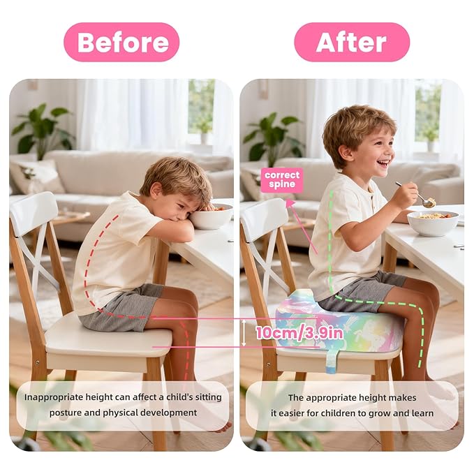 Toddler Booster Seat for Dining Table Kitchen Chair, Kids Booster Seat with Non-Slip Bottom and Adjustable Straps, 4" Detachable Washable Portable Travel Increasing Cushion (Rainbow Unicorn)