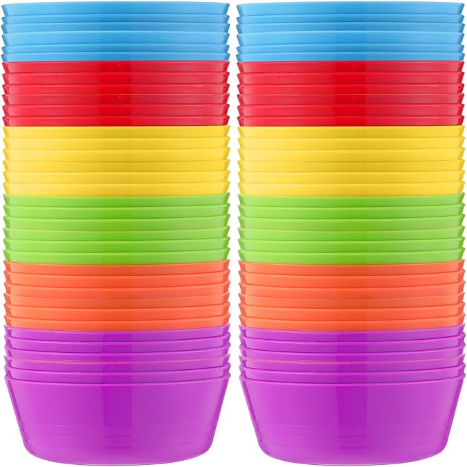 Foaincore Kids Plastic Bowls 10 oz Cereal Snack Microwave Dishwasher Safe Toddler Bowls Kids Colorful Snack Children Salad Dessert Soup Supplies(72 Pcs)