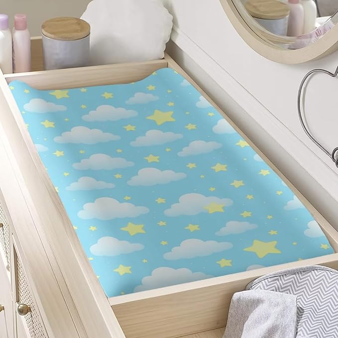 Stars Clouds Changing Pad Cover for Baby Boys Girls Soft Breathable Diaper Changing Table Pad Cover Cute Blue Diaper Station Protector, One Size
