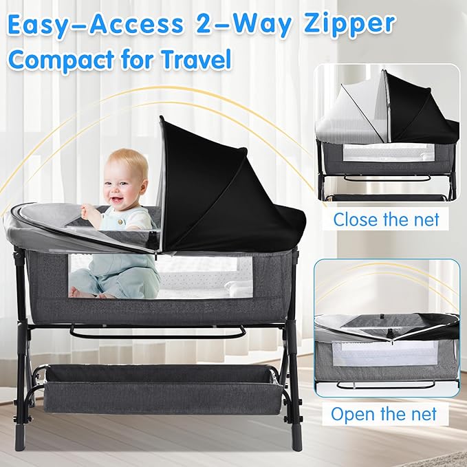 Bassinet Mosquito Net Cover - Half-Blackout Mosquito Net for Baby Crib & Bedside Sleeper, Breathable Crib net with 2-Way Zipper, Sun-Blocking Baby Mosquito Net Cover (Black-Small)