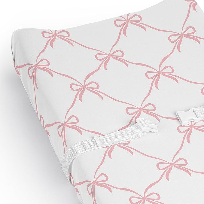 Sweet Jojo Designs Baby Changing Pad Cover Sheet (Pink Bows) for Girls, Infant/Newborn Diaper Table Change Mat Cover (Solid Blush & White Bow for Ballerina, Ballet Dancer, Princess Collection)