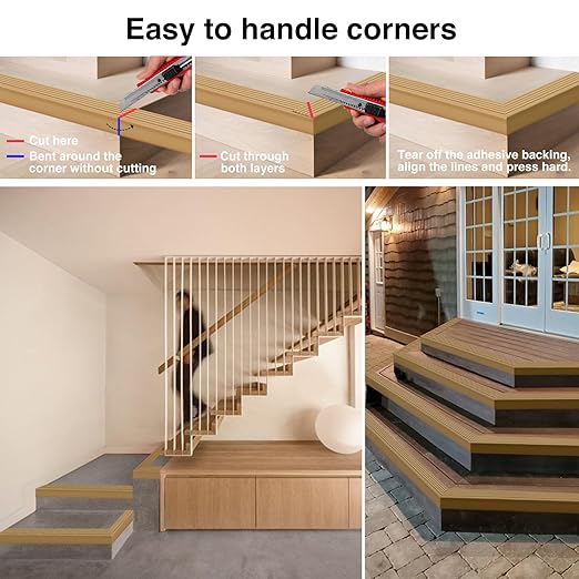 Non-Slip Step Edge Protector, Vinyl Stair Nosing-Self-Adhesive Anti-Slip Stair Nose Edging Trim, Stairway Nose Molding & Nosing Strip for High Traffic-Safety, Indoor-Outdoor Use(Light Brown 2"×2",10Ft