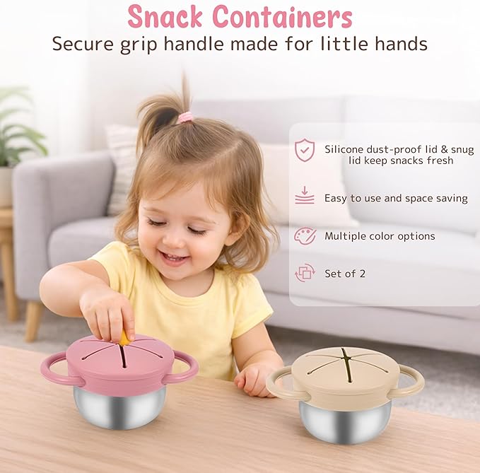 Stainless Steel Snack Containers with Lids, Snack cups with Silicone Food Catcher for Toddlers (Color 2)
