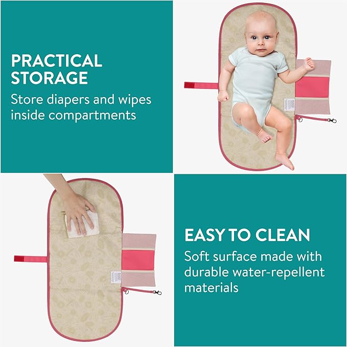 Navaris Baby Changing Mat Portable - Slim Lightweight & Foldable Baby Change Mat - Water Repellent Travel Changing Mat with Pockets - Folding Mat for Clean Diaper Changes - Coral