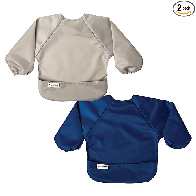 Tiny Twinkle Long Sleeve Bib for Babies & Toddlers | 2-Pack Waterproof Smock Bib for Eating | Machine Washable & Mess-Proof Feeding Essentials | Newborn Shower Gift (Grey Indigo,2-4Y)