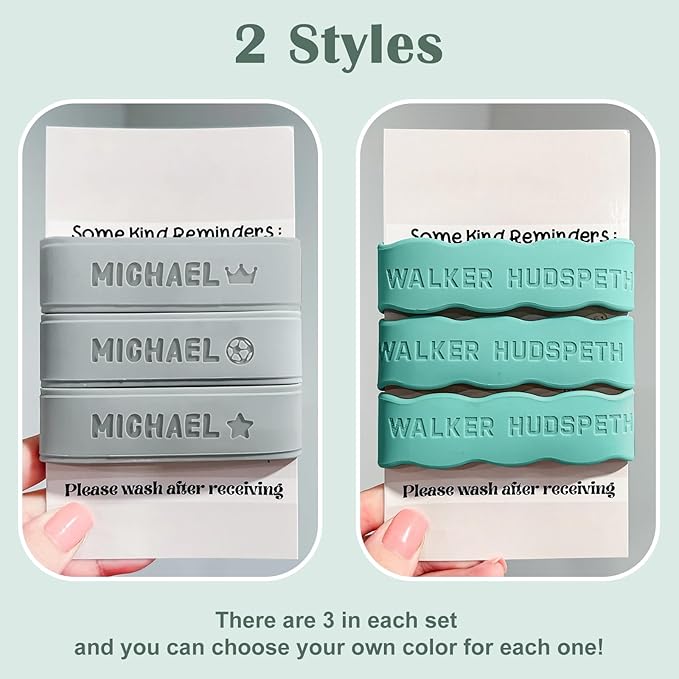 3UMeter 2PCS Personalized Waterproof Name Labels for Kids Custom Silicone Bottle Labels Engraved Non-Slip Elastic Reusable Water Bottle Name Bands for Boys Girls