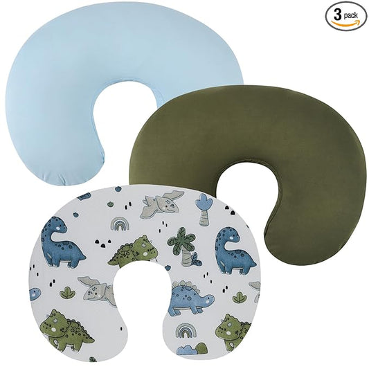 Nursing Pillow Cover Set 3 Pack Nursing Pillow Slipcovers for Moms Breastfeeding Moms, Ultra-Soft Stretchy Fit Standard Nursing Pillows Light Blue/Light Green/Dinosaur