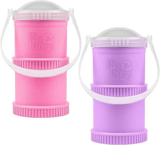 Re-Play Snack Stack Toddler Containers, 2 Sets - Stackable Cups with Travel Lid & Strap for On-the-Go, BPA-Free, Made in USA, Bright Pink/Purple