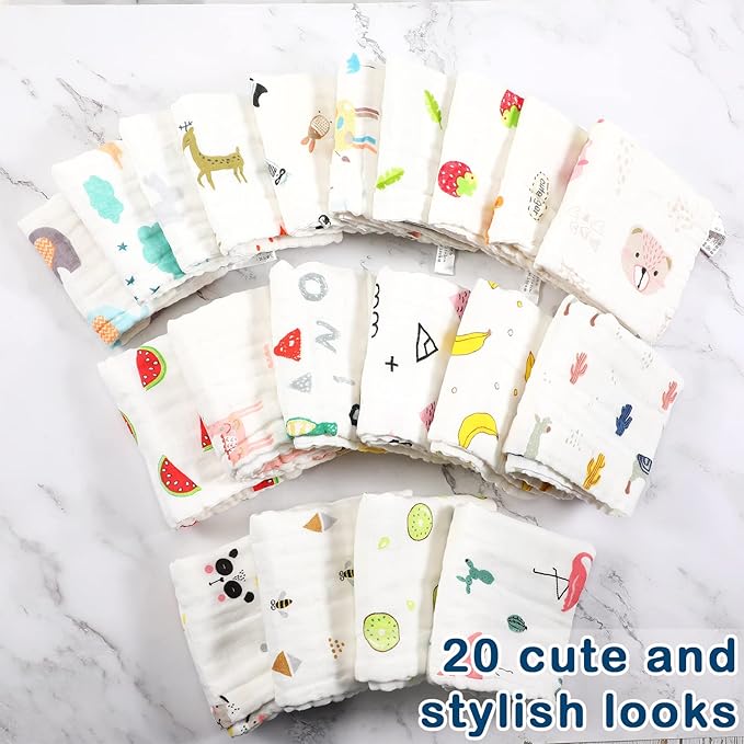 Kenning 20 Pack Muslin Baby Burp Cloths Washcloths Set Large 20 x 10 Inches and 10 x 10 Inches Cotton Boy Girl Burp Rags Combo Cute Face Towels Gift 6 Layers Absorbent, 20 Styles for Baby Shower
