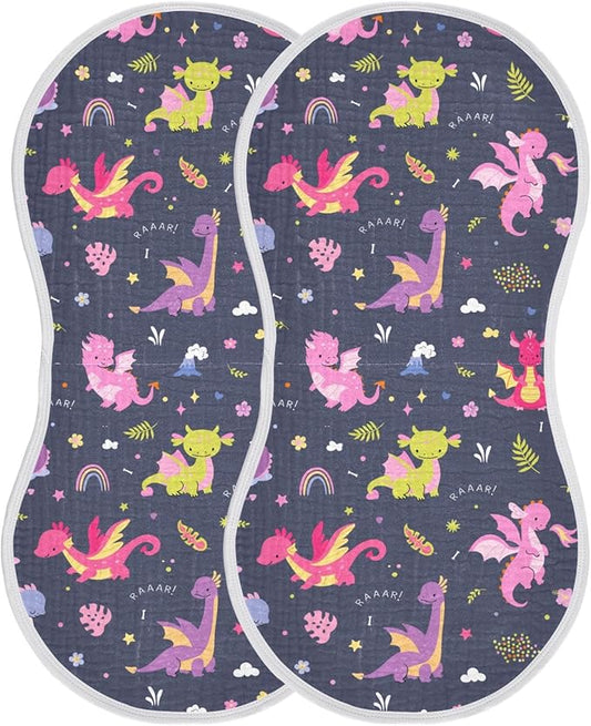 Muslin Burp Cloths for Baby Boys and Girls - 2-Pack Ultra Absorbent Cute Dragon Muslin Washcloths, Newborn Towel, Milk Spit Up Rags, Burp Cloth Bibs for Unisex, 22 x 11 Inch